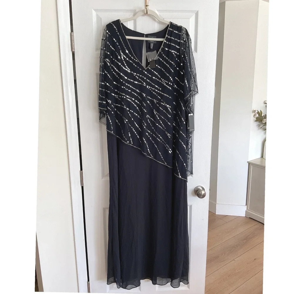 Adrianna‎ Papell Midnight Navy Sequin Beaded Popover Midi Dress 18W NWT